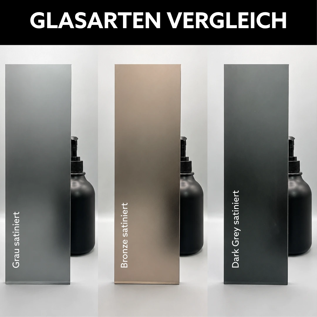 Walk In Dusche getönte, satinierte Glasarten Vergleich, Darstellung von Transparenz, Sichtschutz und Lichtdurchlässigkeit im modernen Badezimmer