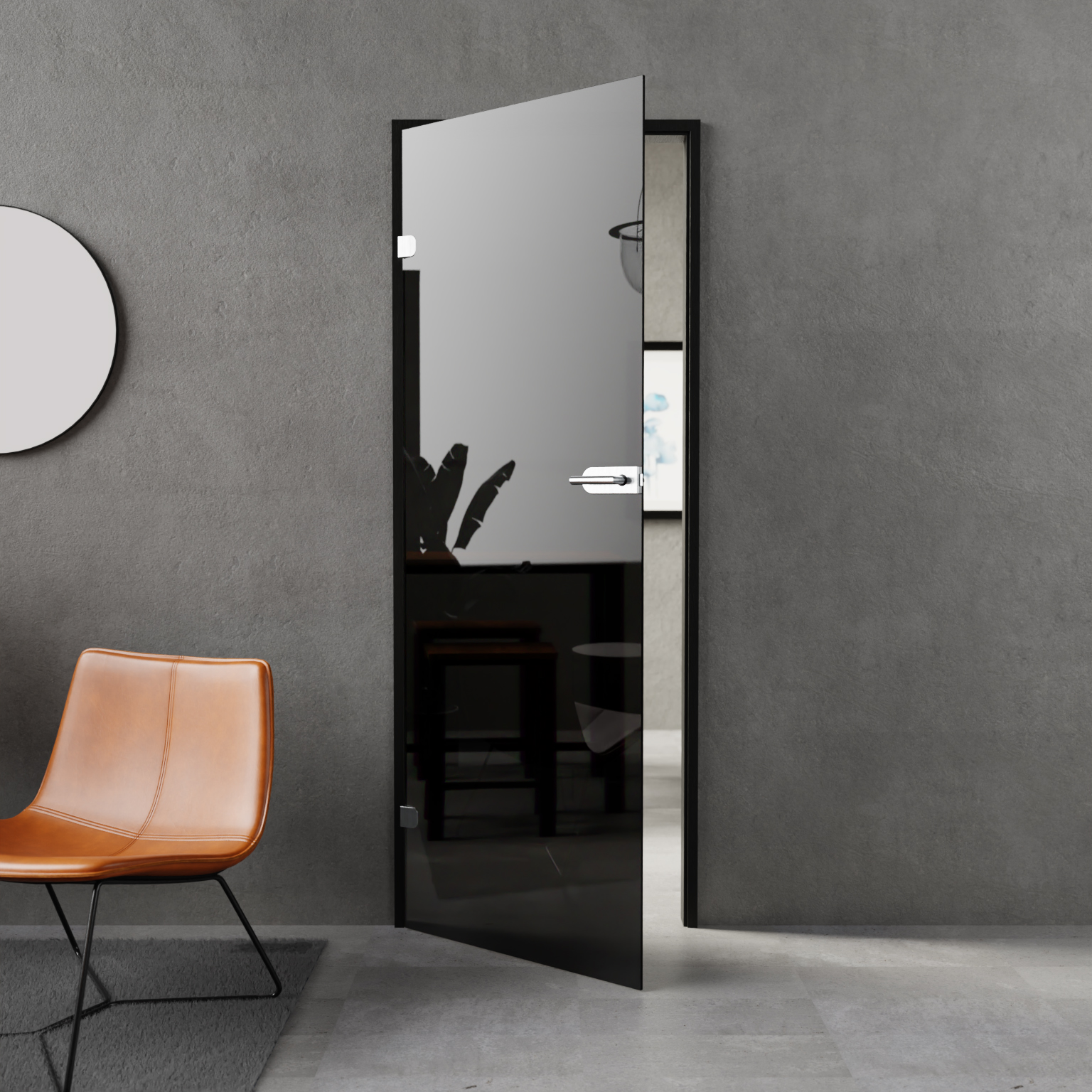 Ganzglastür Dark Grey mit edelstahlfarbenen Beschlag