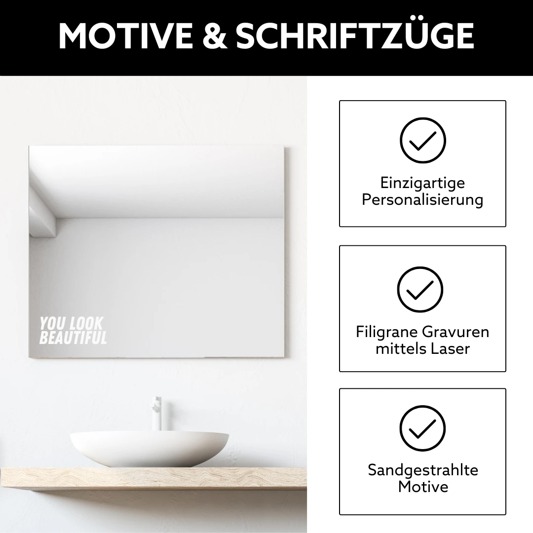 Eckiger Spiegel mit Gravur in Spiegelecke