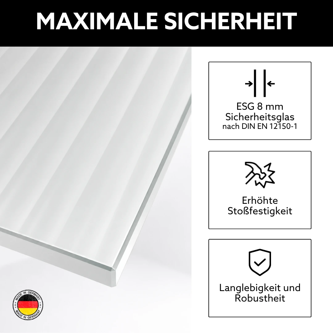ESG Riffelglas für Eckduschen nach Maß mit 8 mm Sicherheitsglas nach DIN EN 12150-1, erhöhter Stoßfestigkeit sowie langlebiger und robuster Glasqualität Made in Germany