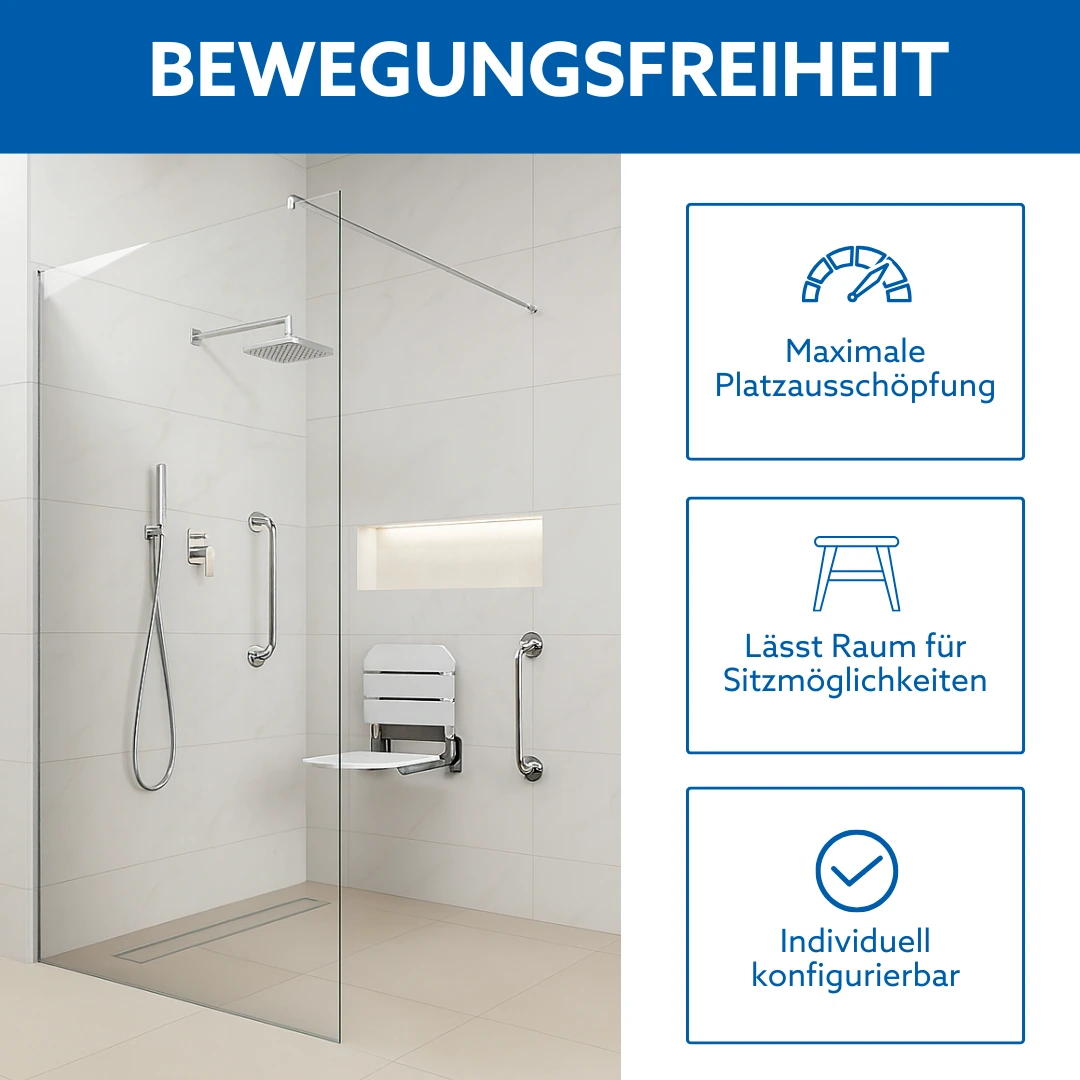 Bewegungsfreiheit in einer barrierefreien, großzügigen Dusche
