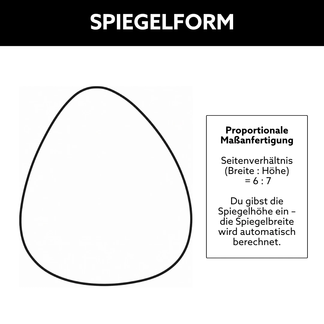 Spiegelform eines organischen Spiegels in rundlicher Form, technische Darstellung mit proportionaler Maßanfertigung für individuelle Wunschgrößen