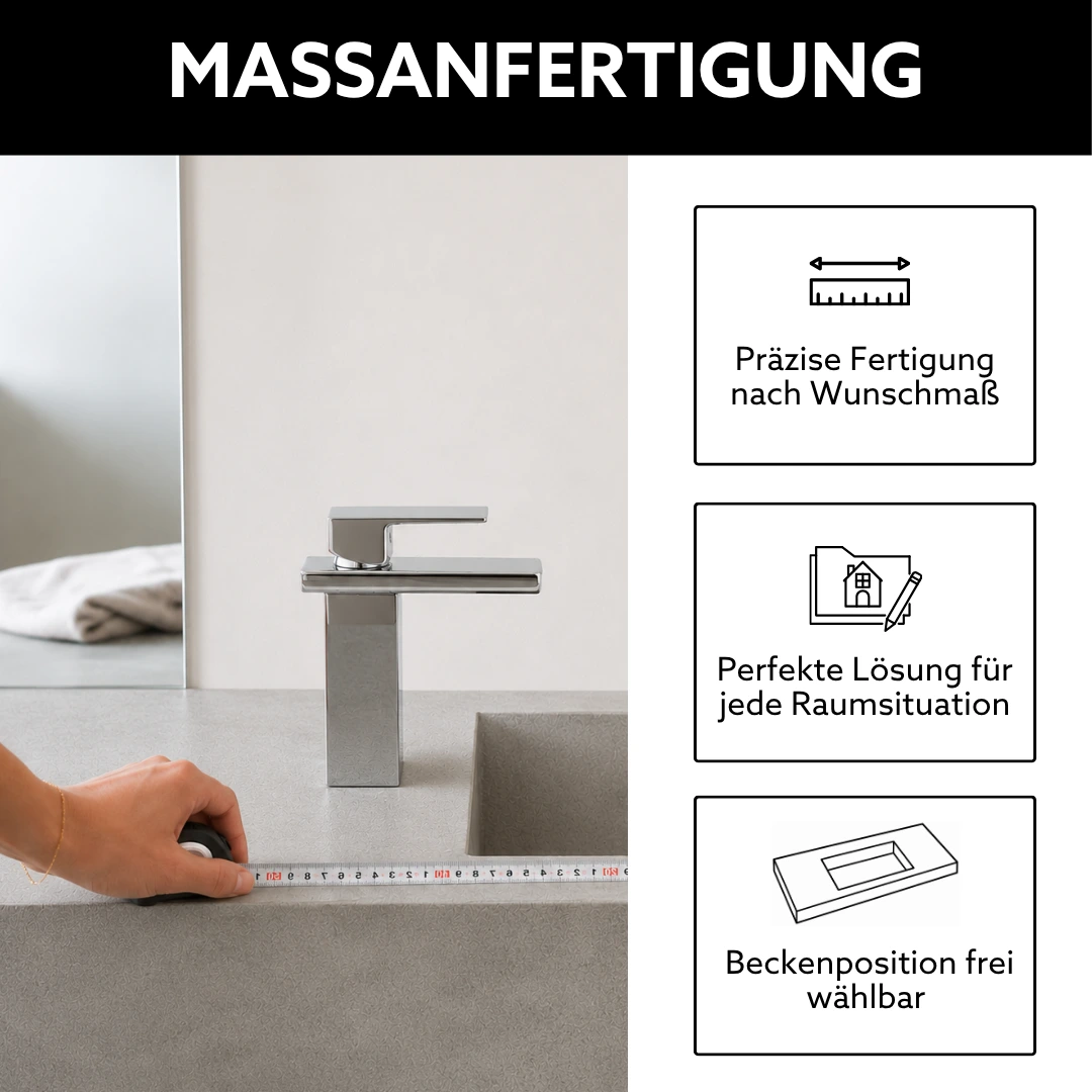 Keramik Waschtisch nach Maß mit individueller Maßanfertigung, präzise Fertigung nach Wunschmaß, perfekte Lösung für jede Raumsituation und als Einzel- oder Doppelwaschtisch konfigurierbar