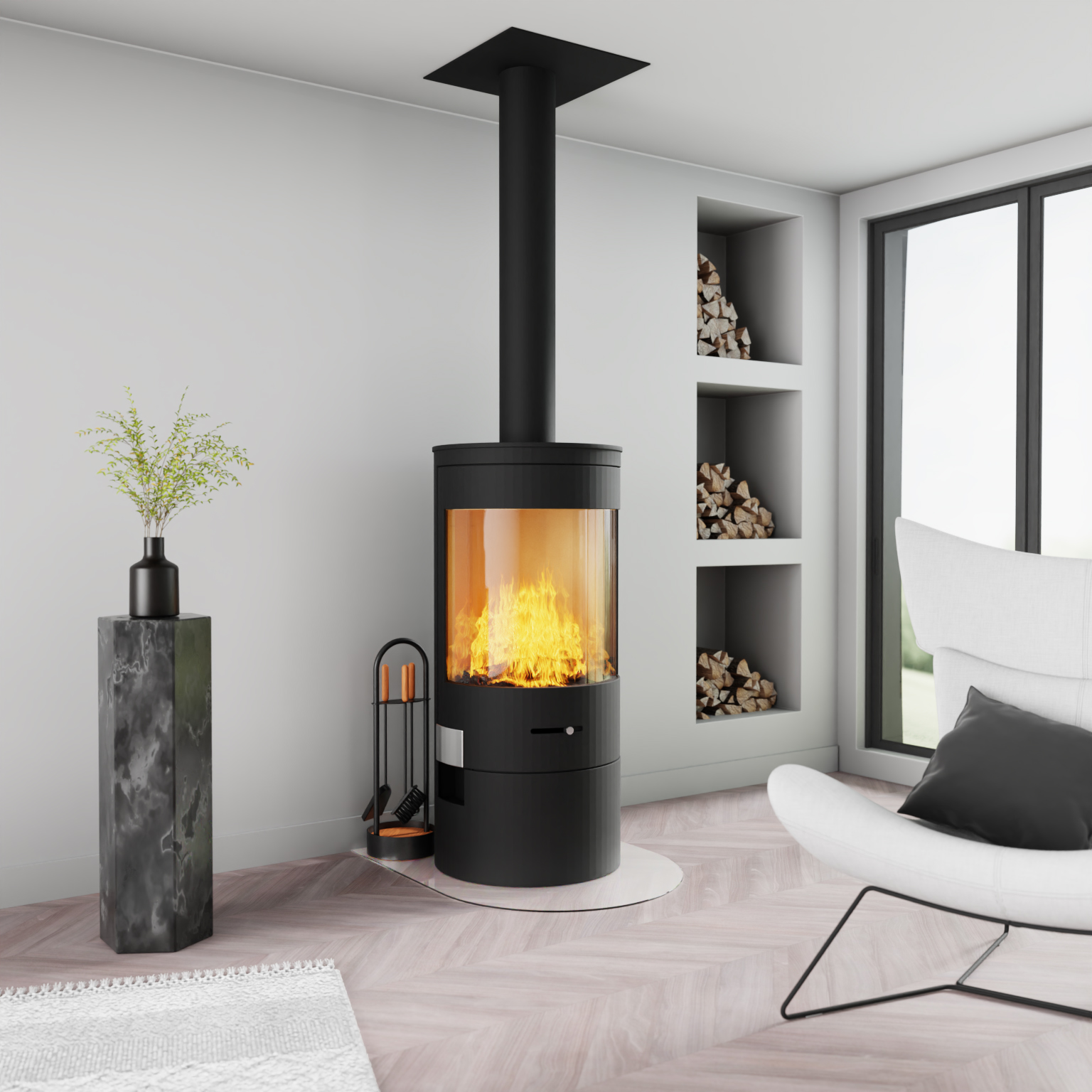 Rundbogen-Funkenschutzplatte aus klarem Glas unter Kamin in modernem Wohnzimmer