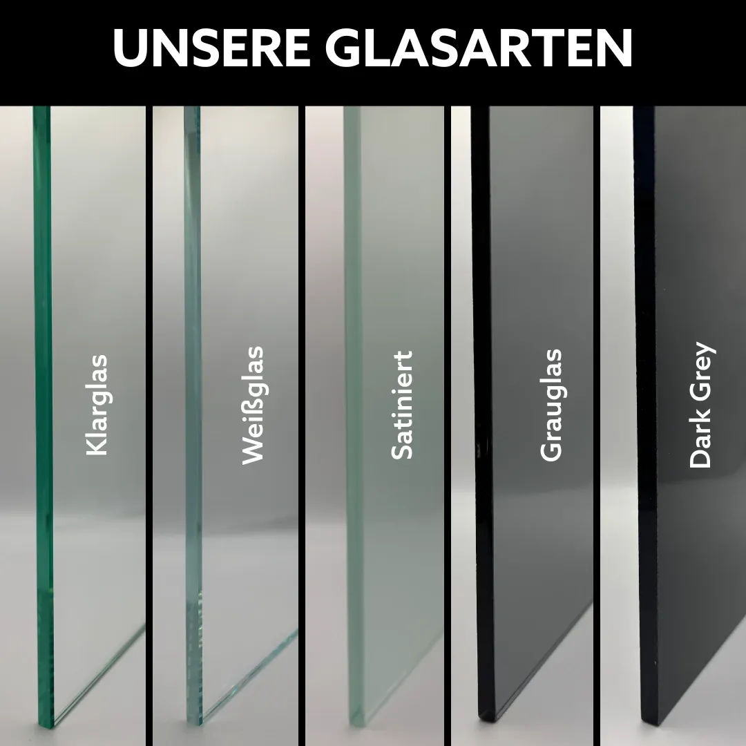 Klarglas, Weißglas, satiniertes Glas, Grauglas und Dark Grey im Vergleich